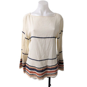 New rinku Small Boho Tunic Embroidered Shirt Blouse Tan Boat Neck Long Sleeves